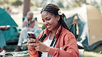 Camping, phone and black woman by tent with friends for holiday, vacation and adventure outdoors. Travel, campsite and person on smartphone for social media to relax in countryside, nature and forest