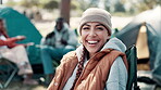 Woman, face and happy in nature for camping, smile and holiday or getaway with friends for peace. Vacation, adventure and camper, park and outdoor or relax on eco friendly travel in forest for break