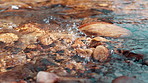 Sunshine, river and closeup with pebbles in nature for landscape, environment with stones and clean. Water, moving and zoom with rocks in countryside and calm, tranquility or rest and peace for zen