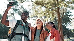 Hiking, friends and selfie in forest with peace sign, for memory, social media and profile update. Adventure, journey and holiday in Spain for happy people, man and women with photography in nature