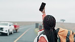 Woman, search and signal with smartphone in road, struggle and bad connection with internet or online app. Traveller, service error and reception issue, searching and hand gesture on mobile phone