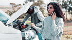 Phone call, nature and couple with engine breakdown for stress in accident, crisis or disaster. Emergency, communication and woman on mobile conversation for help with husband with car oil check.