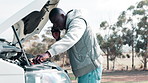 Phone call, nature and black man with engine breakdown for stress in accident, crisis or disaster. Emergency, communication and African male driver on mobile conversation for help with car oil check.