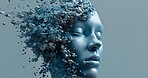 Person, face and 3d head particles for mental health or digital blue background, shattered or cracked. Pieces, abstract and emotions or damaged thinking or neuroscience with shapes, brain or fracture