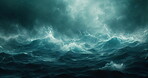 Dark sky, ocean or storm with clouds and waves for natural disaster weather in dark night. Background, environment and nature with seascape of water of hurricane, splash or wind of harsh climate