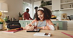 Girl, tablet and pen in kitchen for drawing with child development or creative with digital art. Homeschooling, smile and assignment with educational resources for modern learning with interaction.