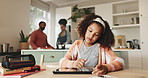 Girl, sketch and tablet with family in kitchen for home school, visualization and motor skills or growth development. Child, technology and digital drawing for creativity or fun hobby and learning.