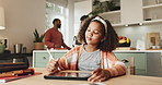 Girl, drawing and tablet with family in kitchen for home school, visualization and motor skills or growth development. Child, technology and digital sketch for creativity or fun hobby and learning.