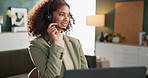 Happy woman, consultant and headphones with laptop in remote work for customer service or support at home. Female person or friendly agent consulting or talking with mic for online advice or help