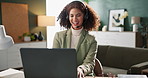 Woman, home and headset on sofa with laptop for remote work or online call for networking. Lady, living room and internet or mobile app for discussion, communication and remote meeting with video