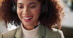 Business, call center and woman with headphones, telemarketing and connection for help desk. Person, agent or consultant with headset, insurance department and conversation for advice or tech support