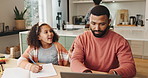 Education, remote work and question with family in dining room of home for assistance, bonding or solution. Book, laptop and problem solving with dad and daughter in apartment for business or study