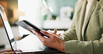 Woman, consultant and laptop with typing on tablet at office for communication, connection and digital for networking. Female person, tech and typing for business, company or workplace as paralegal