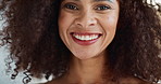 Smile, face and woman with afro, haircare and confidence for texture, growth and results of treatment. Natural beauty, glow and shine of hair, home and person with happy for  hairstyle of salon