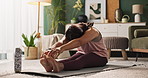 Woman, peace and yoga with pose in home for stress reduction or management, mindfulness and relaxation. Girl, calm with zen and meditation in house for mental wellness and breathing exercises.