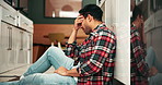 Frustrated man, headache and problem with stress in anxiety, depression or burnout at home. Upset, disappointed or tired young male person with migraine, trouble or difficult issue on kitchen floor