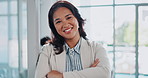 Face, office and Asian woman with confidence, smile or legal advisor at HR consulting business. Happy, portrait and businesswoman with opportunity, arms crossed and about us at human resources agency