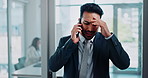 Man, phone call and stress in office for mistake, error and consultant for bankruptcy news. Male person, frustrated and leave meeting for negotiation dispute, anxiety and worry for fail or crisis