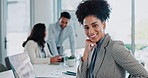 Business woman, face and laptop in office meeting with website research, proposal and planning at finance job. African accountant at agency for online bookkeeping with computer and FAQ or about us
