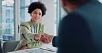 Business woman, handshake and recruiting with documents for partnership, b2b or deal together at office. Female person shaking hands with businessman for hiring, meeting or interview at workplace
