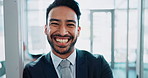 Portrait, office and Asian man with confidence, smile and legal advisor at HR consulting business. Happy, face and businessman with opportunity, arms crossed and about us at human resources agency.