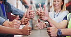 Warehouse, hands and thumbs up for success, teamwork and victory of stock management. Collaboration, solidarity and celebration of factory staff with sharp, cooperation and achievement of employees