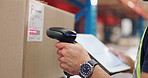 Man, hands and scanner with tablet on box for price checklist, logistics or inventory at storage warehouse. Closeup of engineer or inspector scanning barcode on package or technology for supply chain