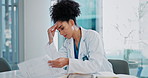Frustrated woman, doctor and headache with documents, tablet or stress in depression, anxiety or pressure at hospital. Female person or medical employee with migraine, deadline or crisis at clinic