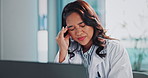 Asian woman, doctor and headache with laptop or stress in depression, anxiety or pressure at hospital. Female person or medical employee with migraine in fatigue, burnout or overworked at clinic