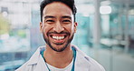 Portrait, doctor or happy man in lobby with smile, confidence and healthcare consultant at clinic. Hospital, medicine and face of medical professional with advice and and support in health insurance.