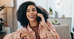 Happy, black woman and talking with phone call on sofa for friendly conversation or chat in living room. African or female person with smile, laughing or mobile smartphone in funny discussion at home