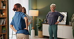 Fitness, flexibility or yoga with instructor and old people in assisted living apartment for wellness. Community, exercise or fitness with coach and senior group in retirement home for mobility