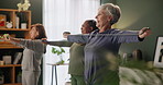 Physical therapy, mature women and resistance band for stretching, wellness and body health. Physiotherapy, people and training for fitness, rehabilitation or exercise in group class together at home