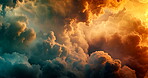 Abstract, clouds and motion in sky with orange in nature with weather, sunrise or sunset in atmosphere. Explosion, nuclear warfare and smog with vapors or fumes in air with radioactive contamination.