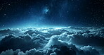 Night, sky and stars with clouds from plane flying in travel, journey or dark background of adventure. World, galaxy and landscape from drone with view of heaven or astrology of earth and cosmos