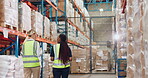 Warehouse, woman and inspection by team for inventory, supply chain and colleagues or shipping. Factory, cargo and packages for logistics, management and female people for retail merchandise delivery