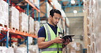 Man, tablet and scanner for inspection or stock take, online and digital order for ecommerce. Technology, typing or cargo for industrial factory for male person, supply chain and depot inspector