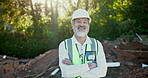 Outdoor, face and mature man with arms crossed on construction site for excavation, digging or field project. Archeology, record and employee for artefact recovery, confidence or examine history