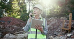 Walkie talkie, outdoor and talking of architect with helmet, construction and mature woman in site, contractor and radio. Communication, tablet and person with update of inspection and transceiver
