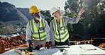 Architecture, collaboration and vision with construction worker people on building site. Blueprint, industrial development and project management with mature architect team outdoor for planning