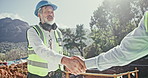 Mature man, handshake and outdoor on construction site for welcome and project management agreement with client. People, contractor and shaking hands for deal for sustainable property development.