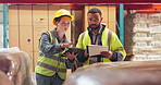 People, factory and cargo inspection with tablet or shipping quality control, supply chain or ecommerce. Distribution officer, teamwork or talking in warehouse for inventory, package or logistic