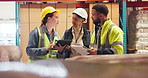 Team, warehouse and stock inspection with tablet or shipping quality control, supply chain or ecommerce. Distribution officer, cargo or talking in factory for inventory, package or freight logistic