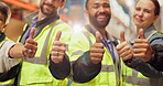 Warehouse, people and hands with thumbs up for teamwork, success and gesture for company mission together. Distribution, shipping goals and workers, partnership and collaboration with contractors