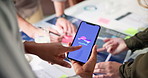 Business meeting, person and hand with application on phone for software, development and review. Smartphone, screen and developer with display at digital agency for ux, presentation and conference