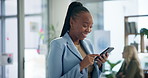 Black woman, smartphone and surprise in office with laugh on social media with funny joke or video with browsing. Wow, comedy and good news in workplace with shock, wow and notification in Germany.