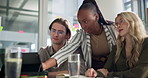 Business people, teamwork and training on computer for support, collaboration or research at creative agency. Multimedia analyst, leader or group reading on laptop or web for public relations project