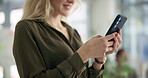 Hands, typing and business woman on smartphone in office for social media, networking or internet post. Online, scroll and employee at packaging agency for conversation, texting or notification