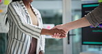 Business people, meeting and shaking hands at tech startup for collaboration, onboarding or client agreement. Professional worker or programmer handshake for success, hiring or b2b teamwork in office