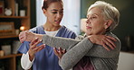 Rehabilitation, stretching arm and elderly woman with caregiver for physiotherapy, healthcare or workout. Support, nurse and senior patient for examination, arthritis training or consultation